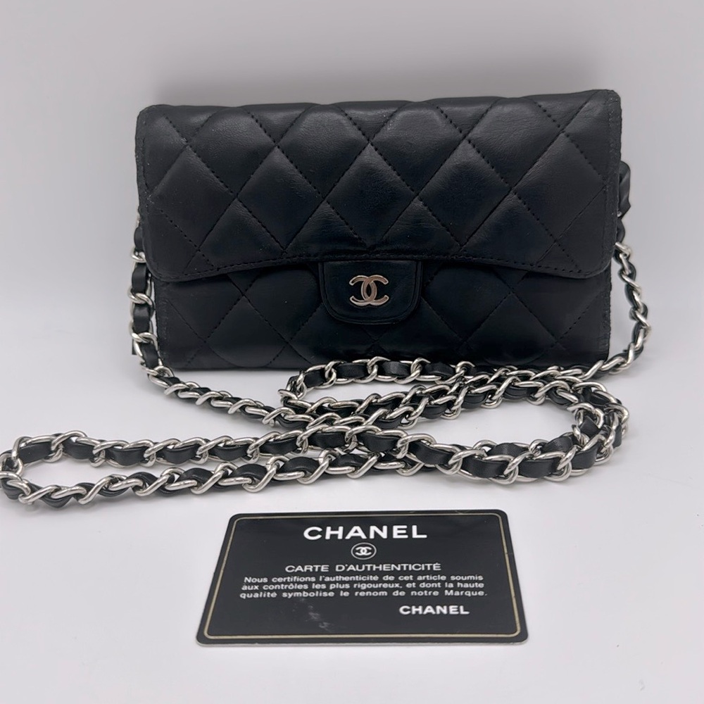 CHANEL Black Quilted Lambskin Wallet on Chain with Silver-Tone Chain